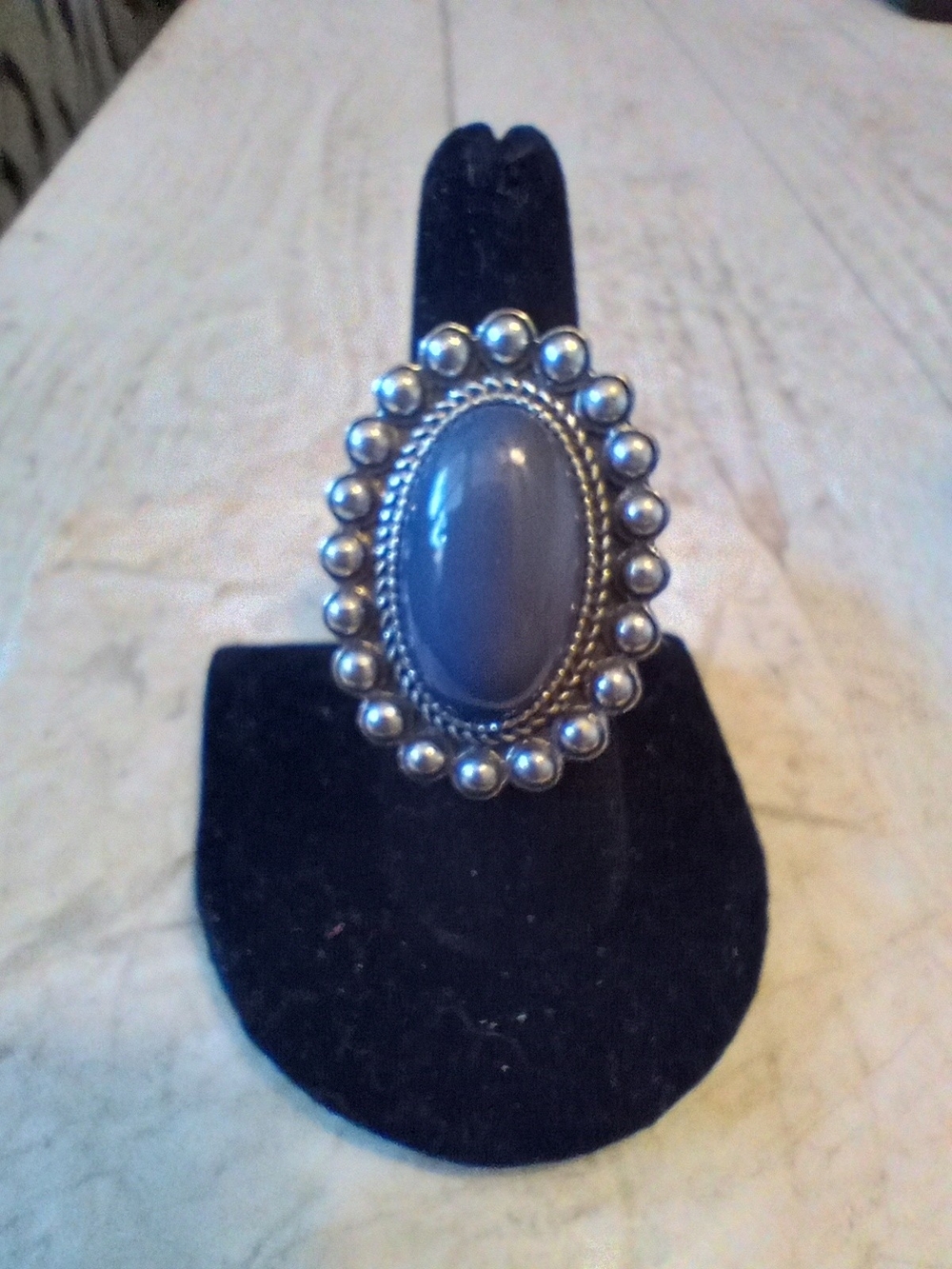Oval Slate Blue Stone Statement Ring - Silver Tone